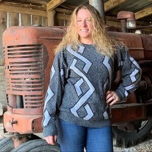 Vintage Nicolas Allen geometric argyle pattern sweater in shades of gray LARGE